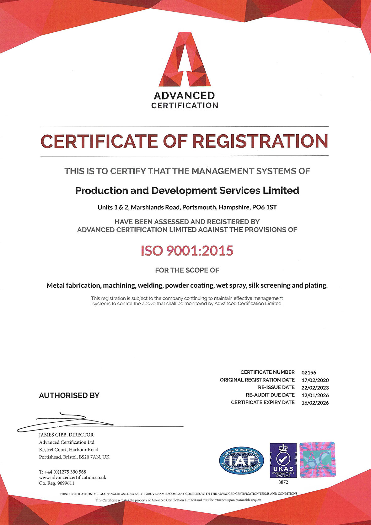 Production & Development Services 9001 exp 16.2.26