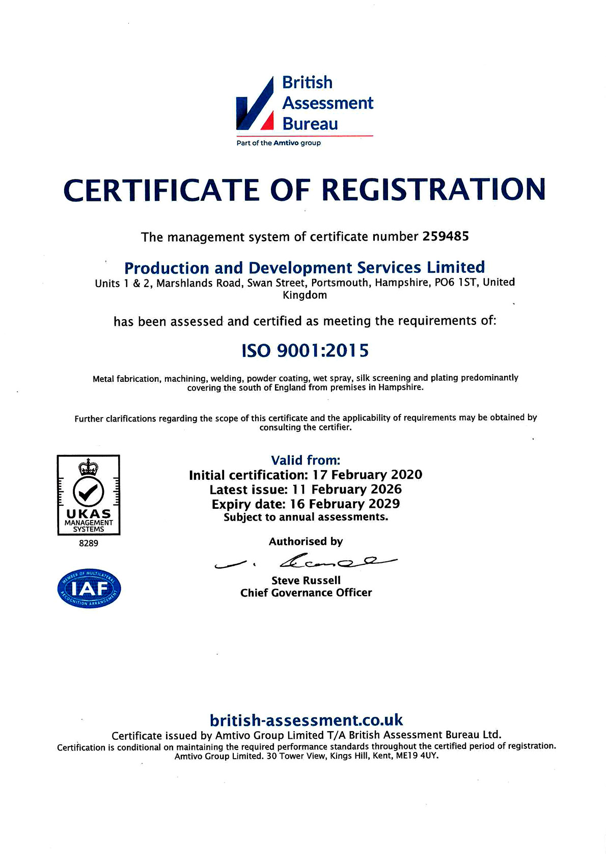 Production & Development Services 9001 exp 16.2.29